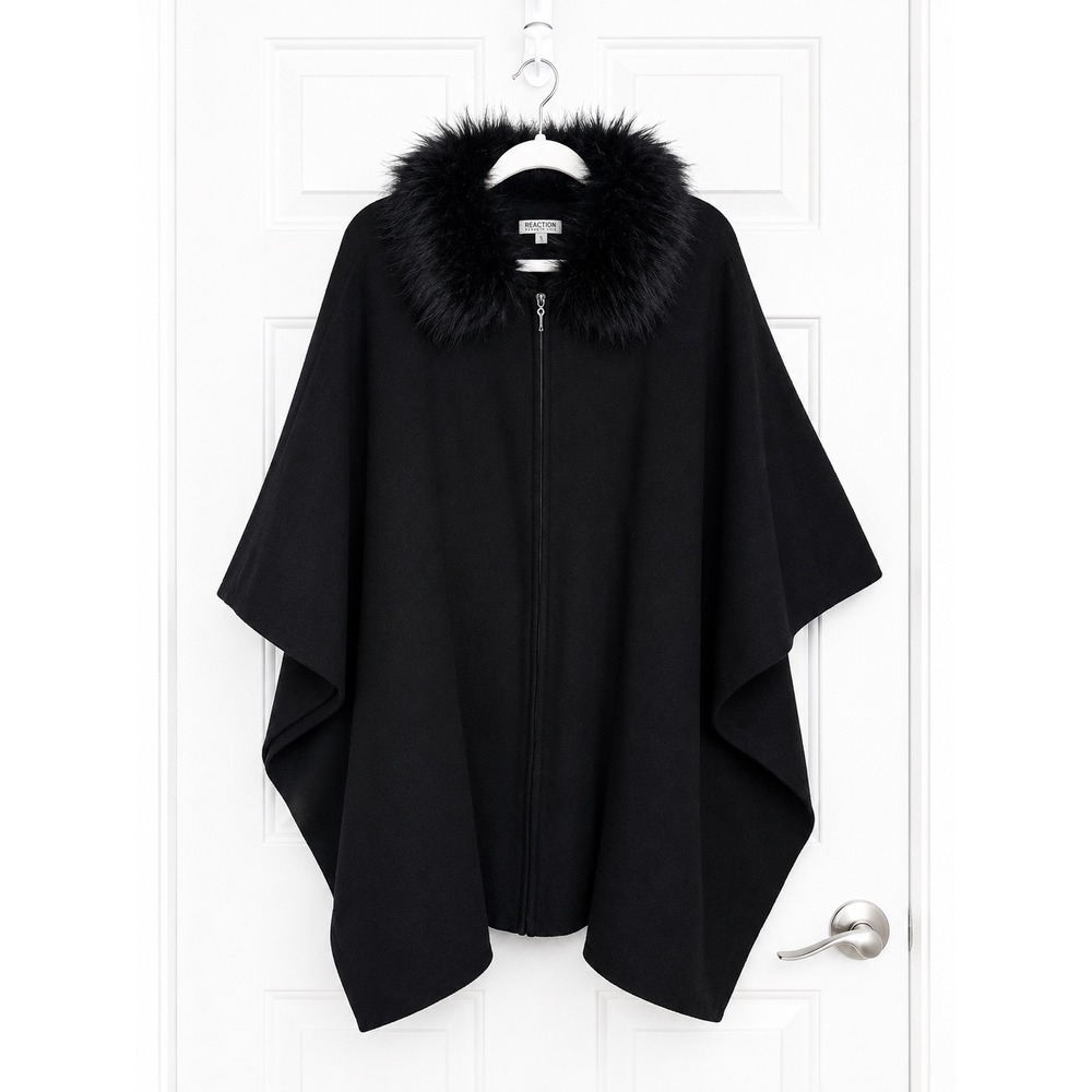Max Studio Black Zip Front Poncho Detachable Faux Fur Collar M